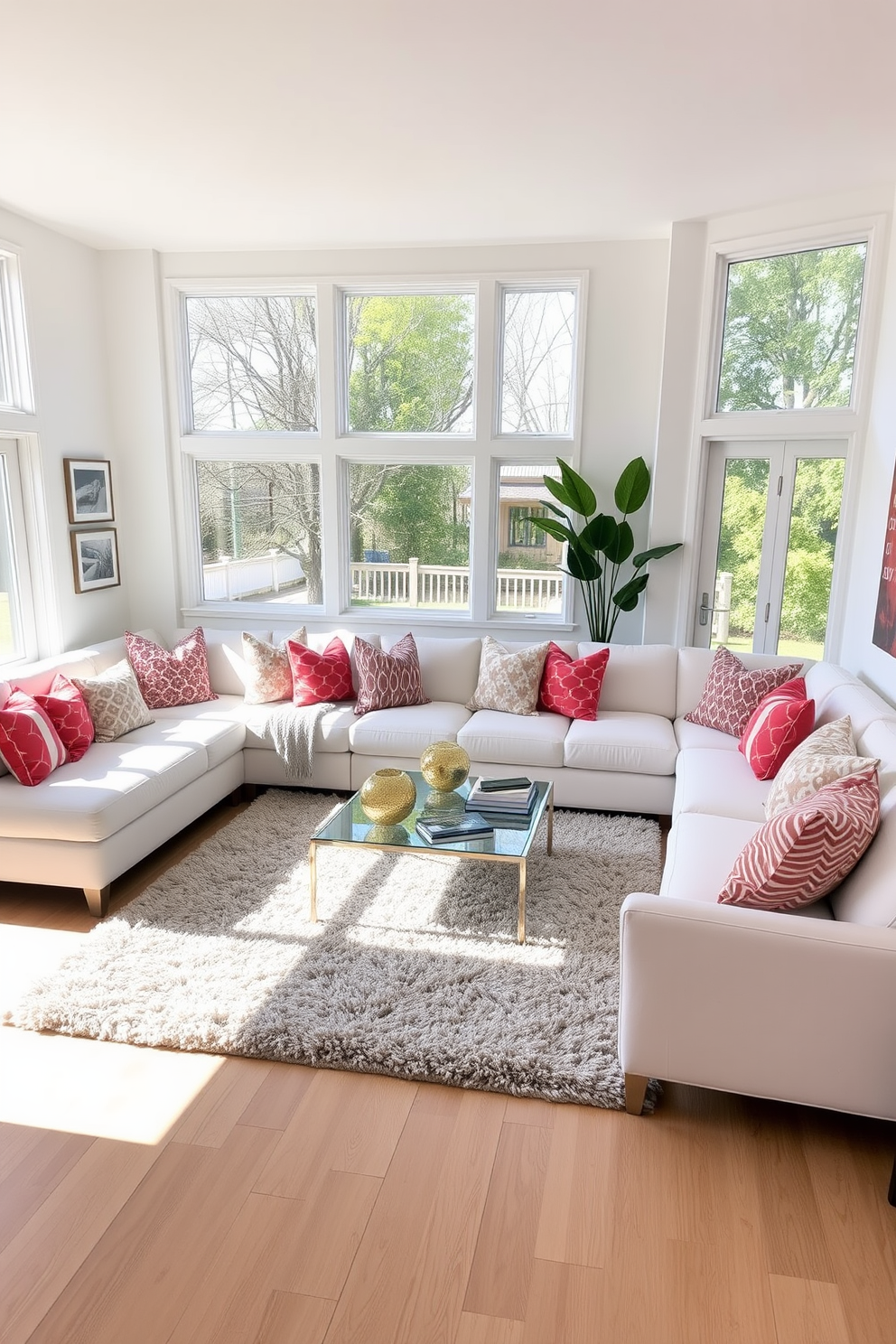 A spacious white living room bathed in natural light from large floor-to-ceiling windows. The room features a plush white sectional sofa adorned with colorful throw pillows and a sleek glass coffee table at the center. Light wooden flooring complements the airy atmosphere, while a contemporary area rug adds texture underfoot. Minimalist artwork hangs on the walls, enhancing the room's elegance without overwhelming the space.