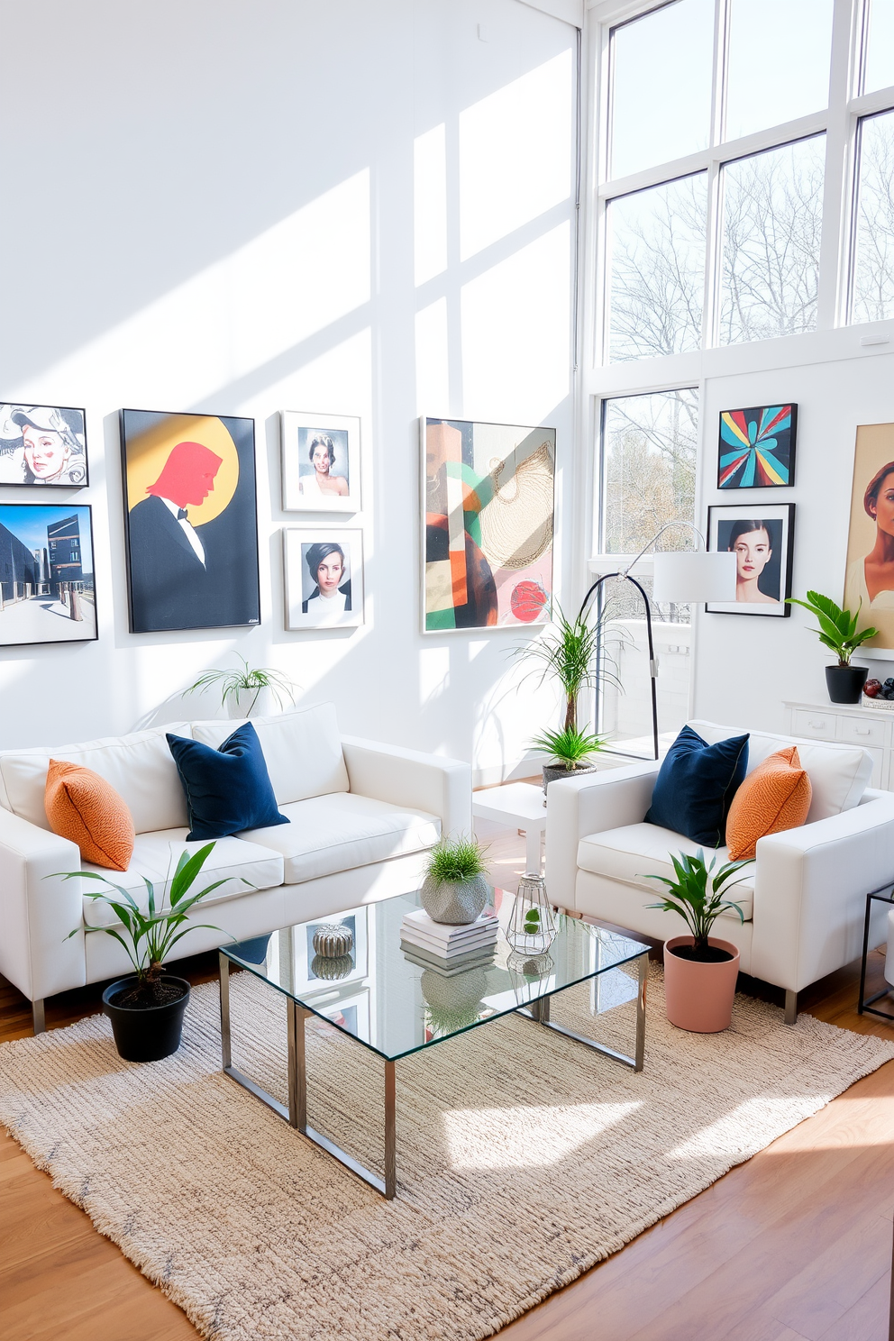 A stylish white living room featuring contemporary art pieces displayed on the walls. The furniture includes a plush white sofa paired with colorful accent pillows and a sleek glass coffee table at the center. Natural light floods the space through large windows, enhancing the airy feel. A textured area rug anchors the seating area, while a few potted plants add a touch of greenery.