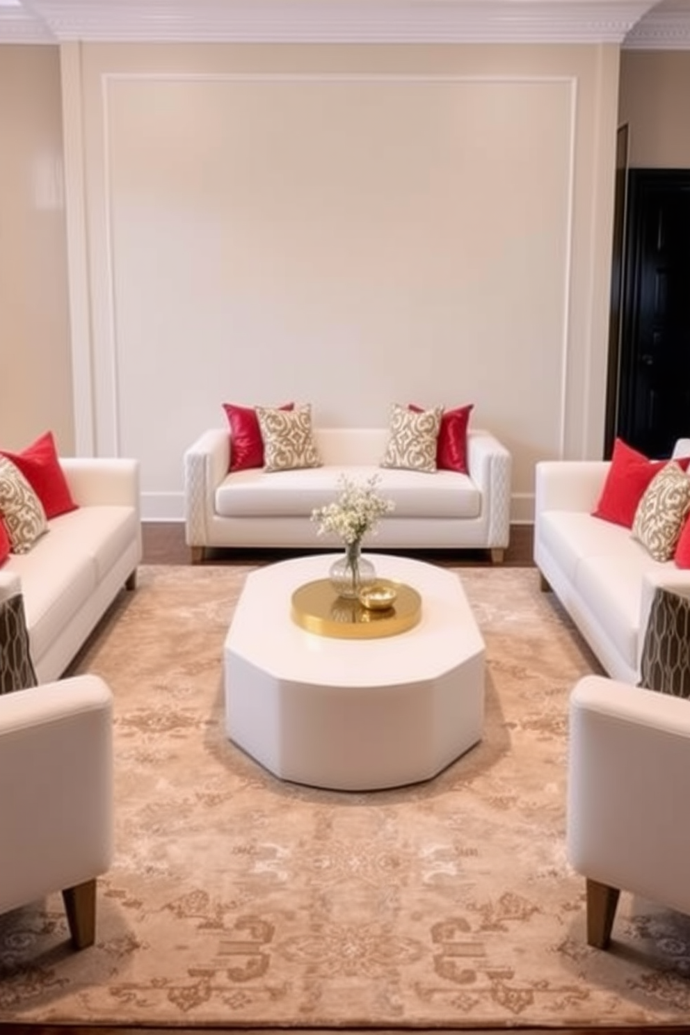 A stylish white coffee table with gold accents is centered in a modern living room. Surrounding the table are plush white sofas adorned with colorful throw pillows, creating a welcoming and elegant atmosphere. The walls are painted in a soft beige hue, enhancing the brightness of the space. A large area rug with a subtle geometric pattern anchors the seating area, adding texture and warmth to the design.