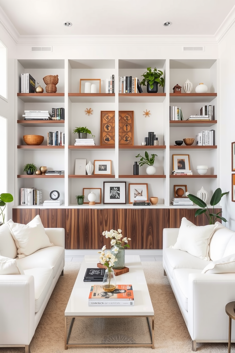 A bright white living room features a large geometric rug that adds a pop of color and visual interest to the space. The room is furnished with a sleek sectional sofa, accented by vibrant throw pillows that complement the rug's design. Natural light floods the room through expansive windows, highlighting the clean lines of modern furniture. A minimalist coffee table sits at the center, surrounded by stylish decor that enhances the overall aesthetic.