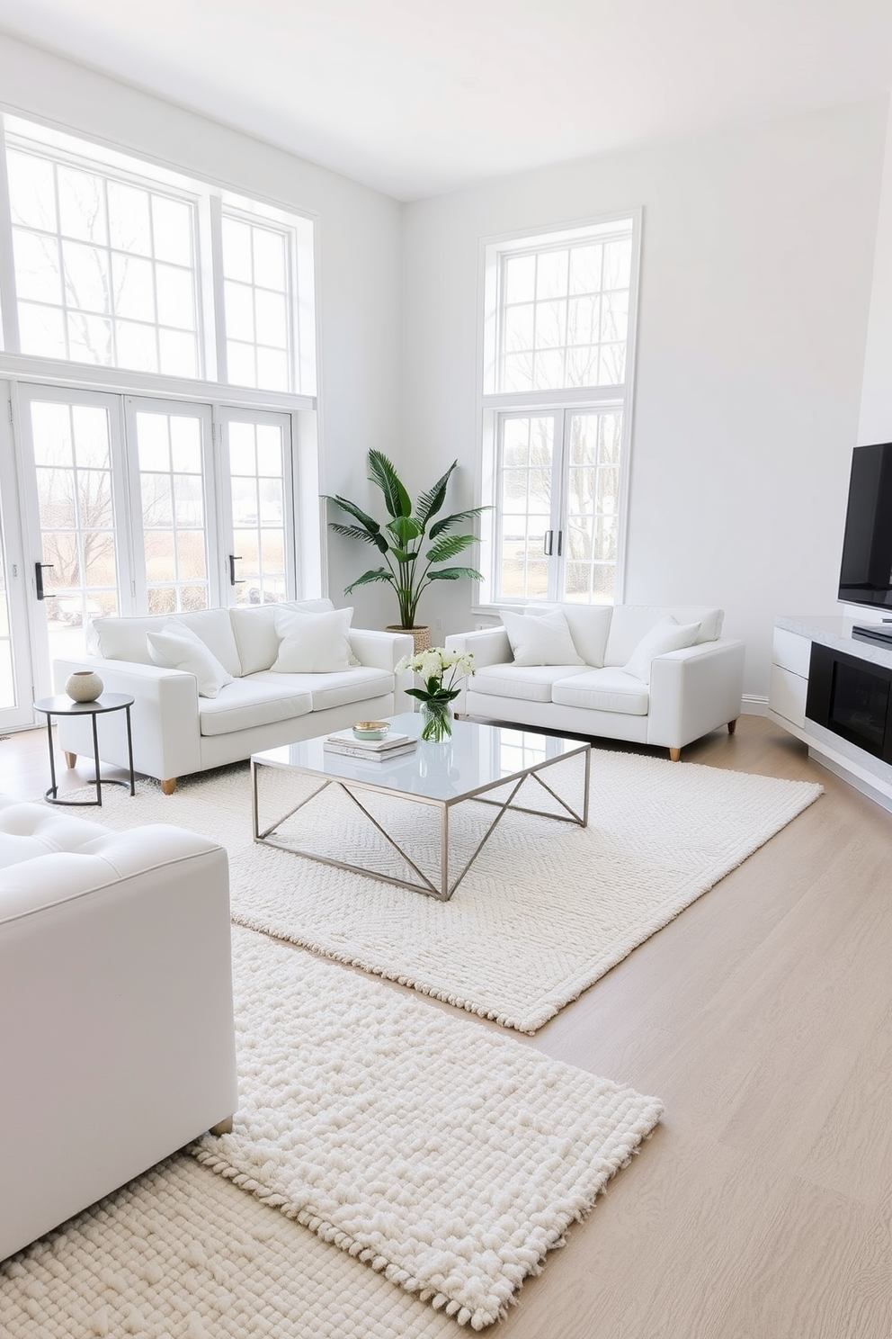 A serene white living room featuring textured white rugs that add warmth and comfort to the space. The room is adorned with plush white sofas, a sleek coffee table, and large windows that allow natural light to flood in.