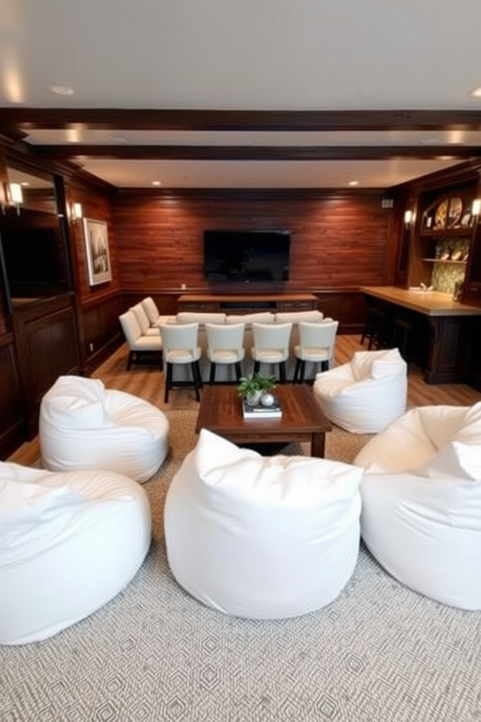 Contemporary white bean bag seating options. The room features oversized white bean bags arranged around a low coffee table, creating a casual and inviting atmosphere. White Man Cave Design Ideas. The space showcases dark wood paneling, a large flat-screen TV mounted on the wall, and a comfortable sectional sofa paired with a rustic bar area.