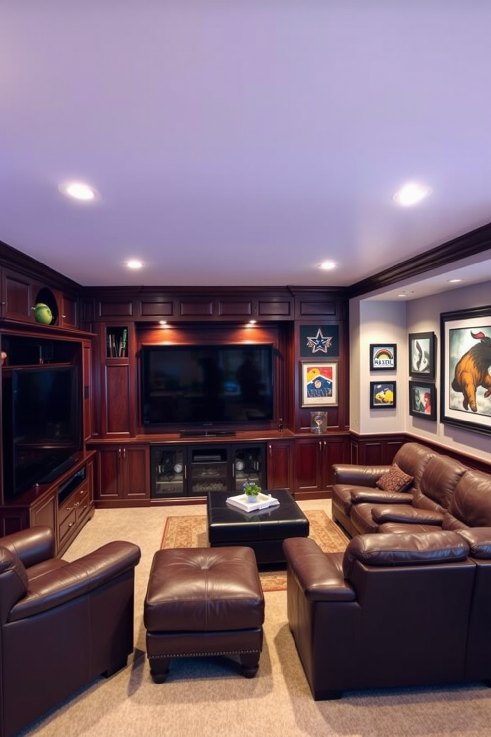 A crisp white ceiling with recessed lighting creates an inviting atmosphere in the man cave. The walls are adorned with rich, dark wood paneling, complemented by plush leather seating arranged for comfort and style. A large entertainment center occupies one wall, housing a state-of-the-art television and sound system. Accent lighting highlights sports memorabilia and artwork, adding character to the space.