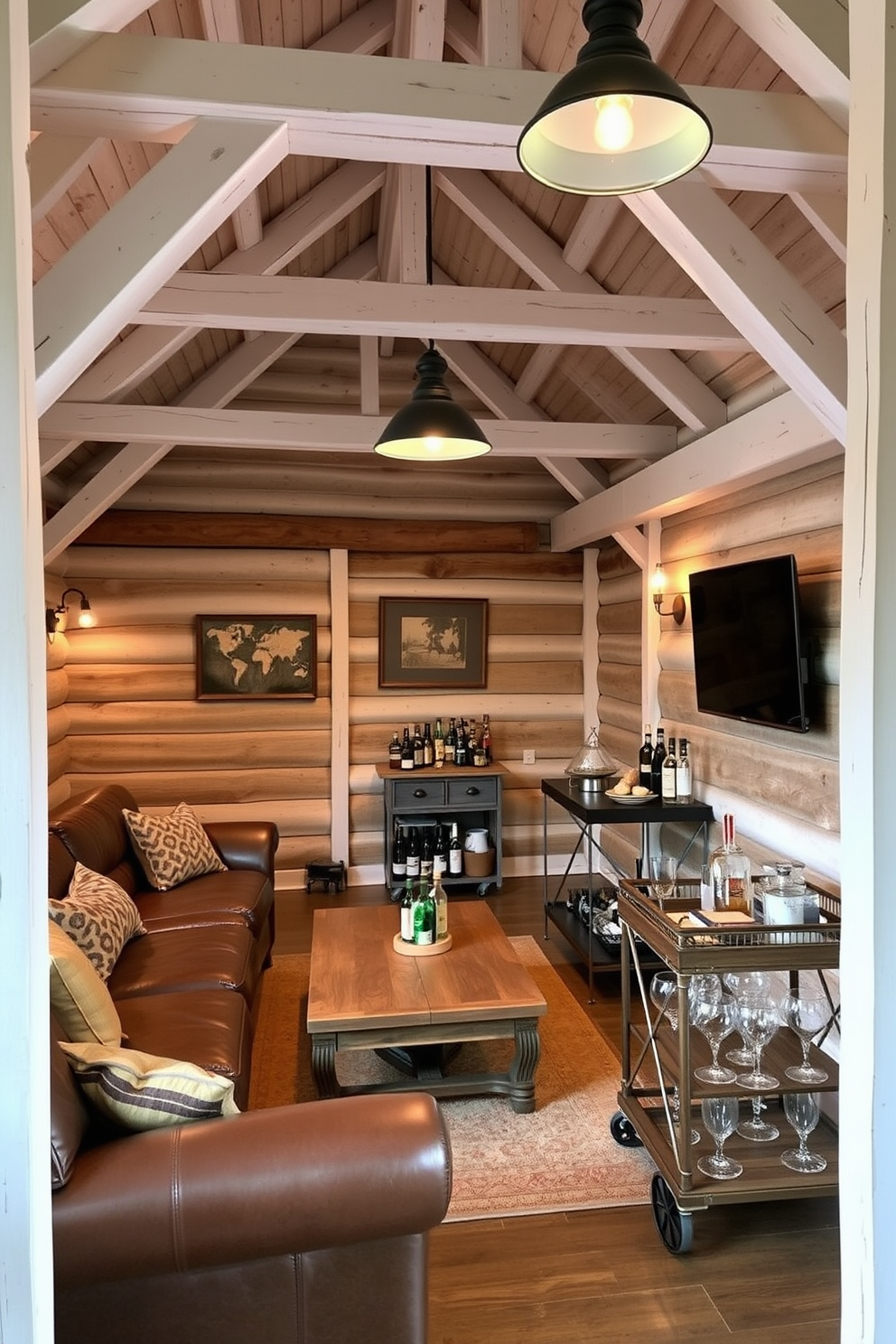 A cozy man cave with whitewashed wooden beams creating a rustic charm. The space features a large leather sectional sofa, a reclaimed wood coffee table, and a mounted flat-screen TV for entertainment. Warm lighting fixtures hang from the beams, providing a welcoming ambiance. A vintage bar cart is set up in one corner, stocked with various spirits and glassware, enhancing the inviting atmosphere.