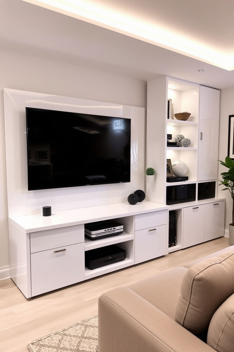 A stylish white TV stand with storage features sleek lines and a glossy finish. It includes multiple compartments for organizing media devices and accessories, blending functionality with modern aesthetics. The white man cave design incorporates comfortable seating with plush cushions and a large entertainment screen. Accent lighting creates a cozy atmosphere, while decorative elements reflect personal interests and hobbies.