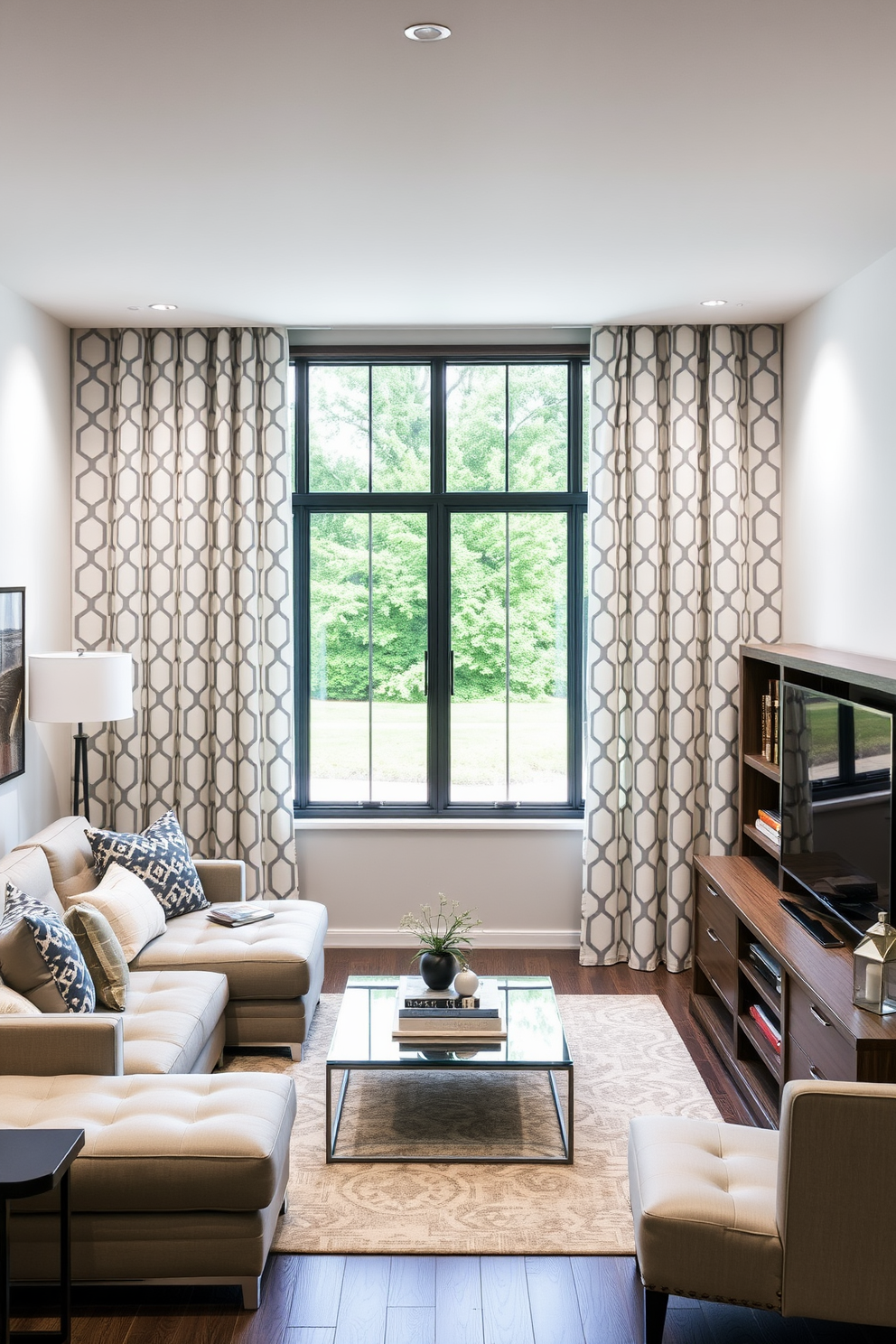 A stylish man cave featuring white and gray geometric patterned curtains that frame a large window. The space includes a plush sectional sofa, a sleek coffee table, and a custom-built entertainment center adorned with decorative accents.