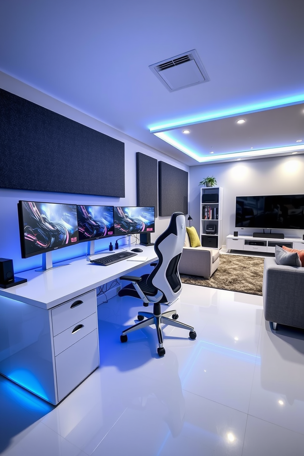 A bright white desk is the centerpiece of a modern gaming setup. It features multiple monitors, a sleek gaming chair, and ambient LED lighting that enhances the atmosphere. The man cave is designed with comfort and style in mind. Plush seating, a large flat-screen TV, and soundproofing create the perfect retreat for relaxation and entertainment.