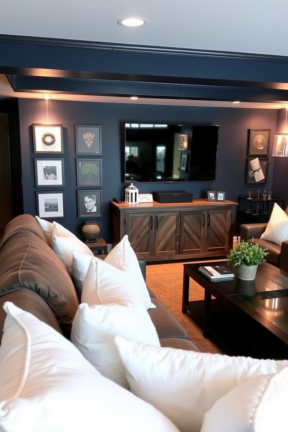 A white vintage record player is elegantly displayed on a rustic wooden shelf, surrounded by a collection of vinyl records. The wall behind features a gallery of framed album covers, adding a personal touch to the space. The man cave is designed with a cozy leather sectional sofa and a reclaimed wood coffee table at the center. Ambient lighting is provided by stylish floor lamps, creating a warm and inviting atmosphere for relaxation and entertainment.