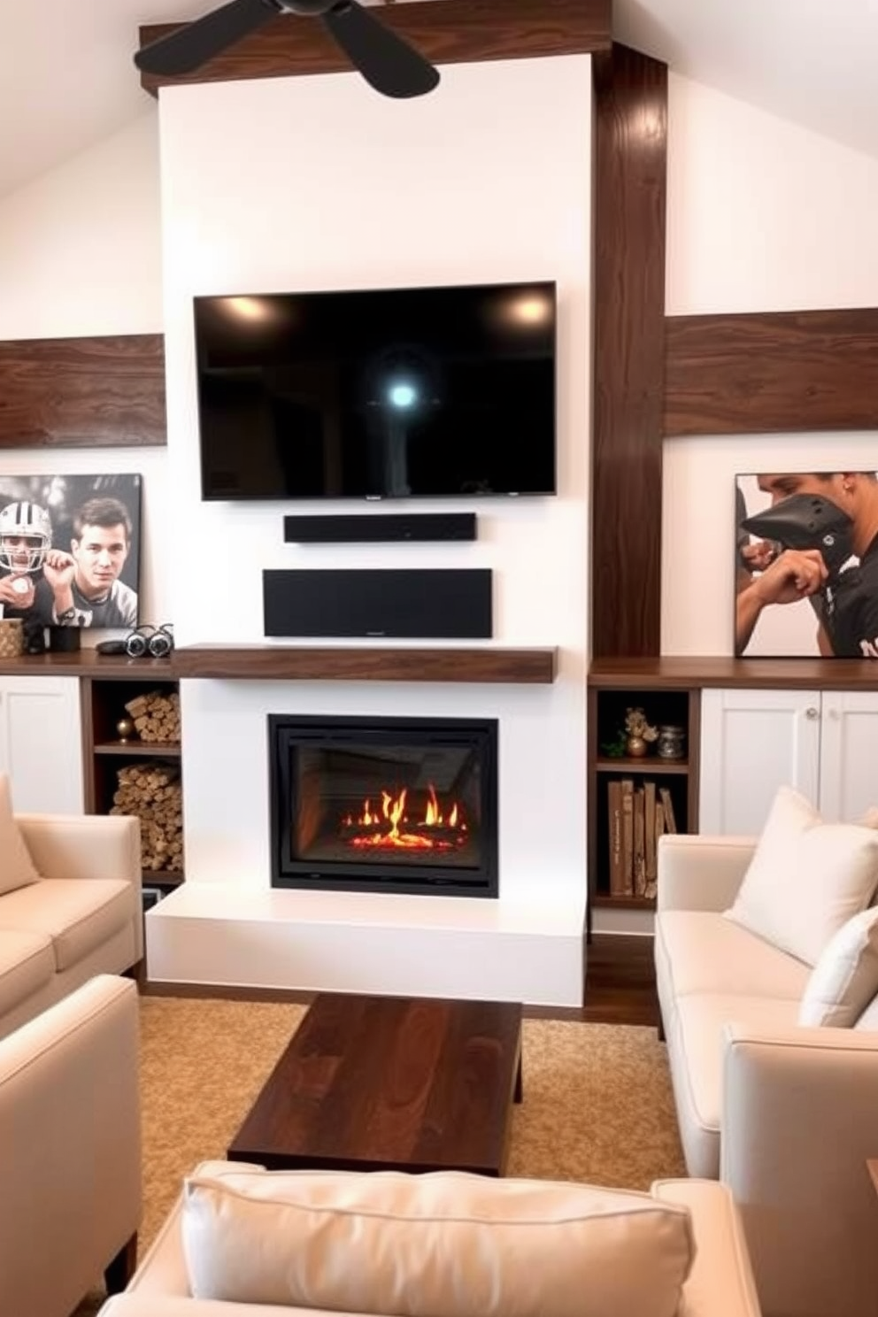 A modern white fireplace is the focal point of the room, designed with sleek lines and a minimalist aesthetic. Surrounding the fireplace, comfortable seating in neutral tones invites relaxation and conversation. The man cave features a blend of contemporary and rustic elements, with dark wood accents contrasting the white walls. A large flat-screen TV is mounted above the fireplace, creating an ideal entertainment space for friends and family.