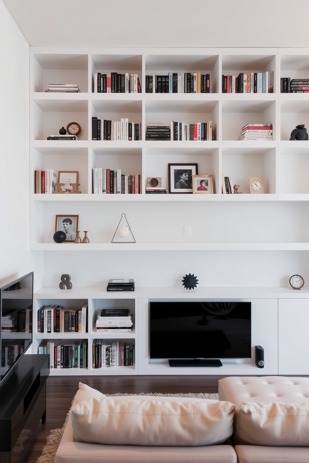 A sleek white entertainment center design featuring a minimalist aesthetic with clean lines and ample storage. The center is adorned with a large flat-screen TV mounted on the wall, surrounded by stylish decorative elements like books and plants. A cozy white man cave design that emphasizes comfort and relaxation. Plush seating is arranged around a central coffee table, with ambient lighting creating a warm and inviting atmosphere.