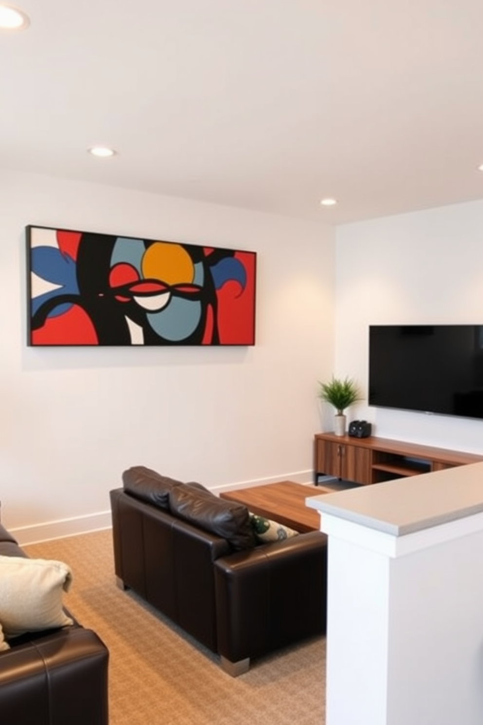 A stylish man cave featuring a white accent wall adorned with bold artwork that serves as a focal point. The space includes a comfortable leather sofa, a wooden coffee table, and a large flat-screen TV mounted on the opposite wall.