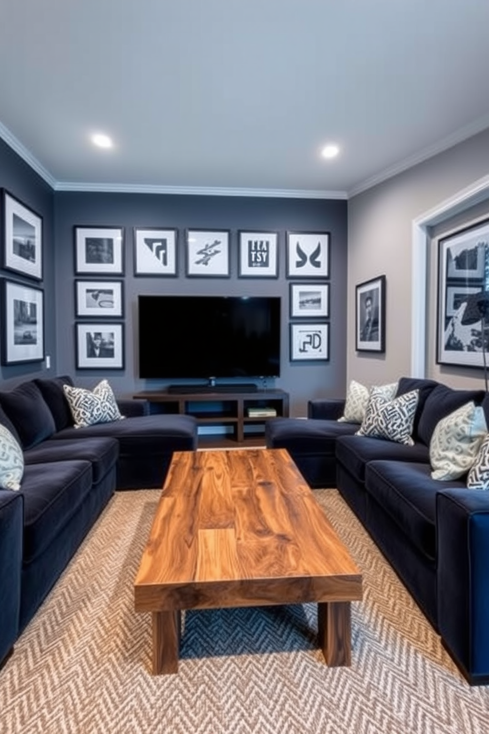 A stylish man cave featuring white and black striped wallpaper that adds a bold statement to the space. The room is equipped with a plush black leather sofa, a sleek coffee table, and a large flat-screen TV mounted on the wall. A vintage bar cart sits in one corner, stocked with an array of spirits and glassware. The lighting is warm and inviting, with industrial-style pendant lights hanging from the ceiling, creating a cozy atmosphere.