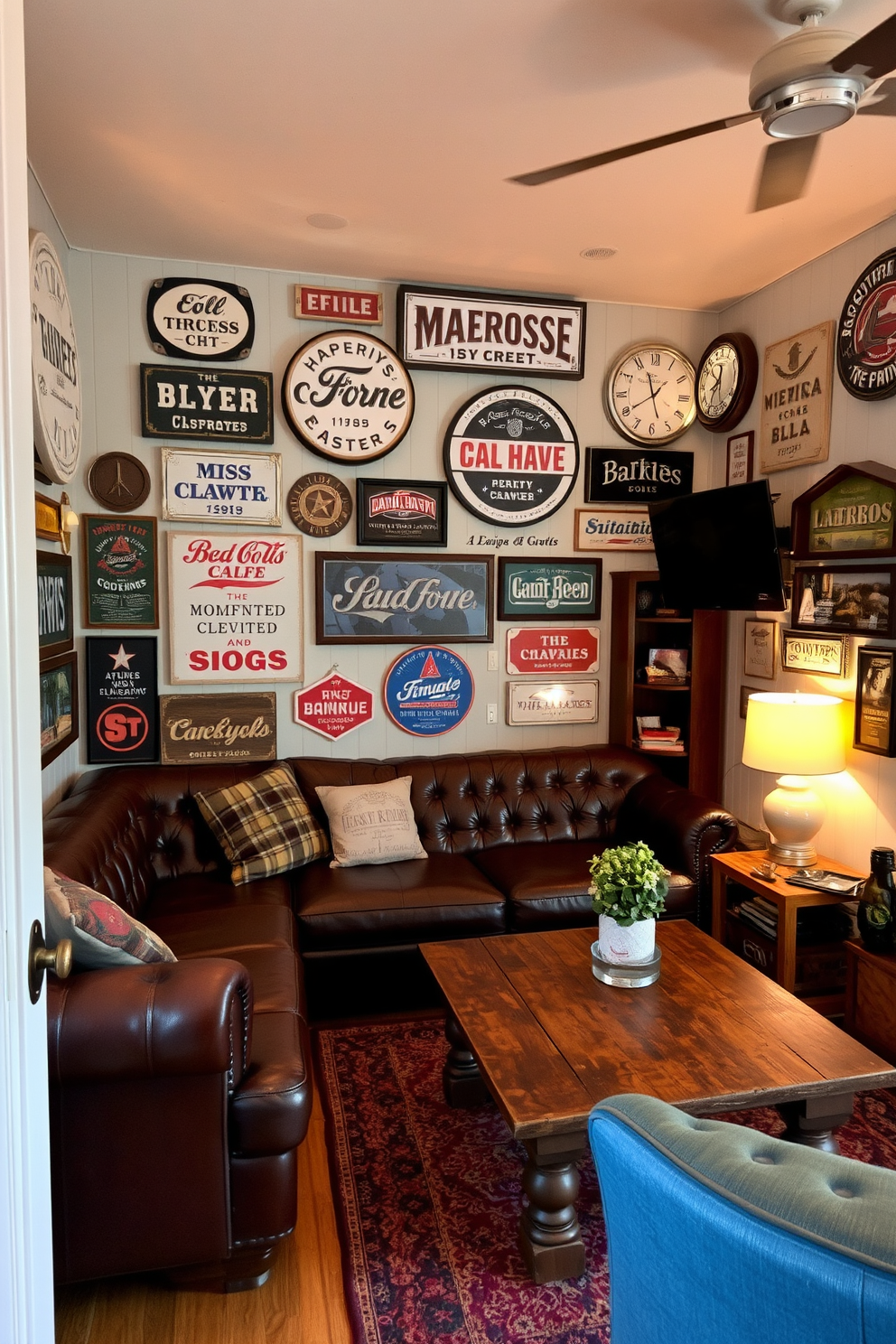 A cozy man cave featuring white vintage signs that add character and charm to the space. The walls are adorned with various retro signs, creating a nostalgic atmosphere that invites relaxation and enjoyment. The room includes a comfortable leather sofa and a rustic wooden coffee table, perfect for gatherings. Warm lighting enhances the ambiance, making it an ideal spot for entertainment and leisure.