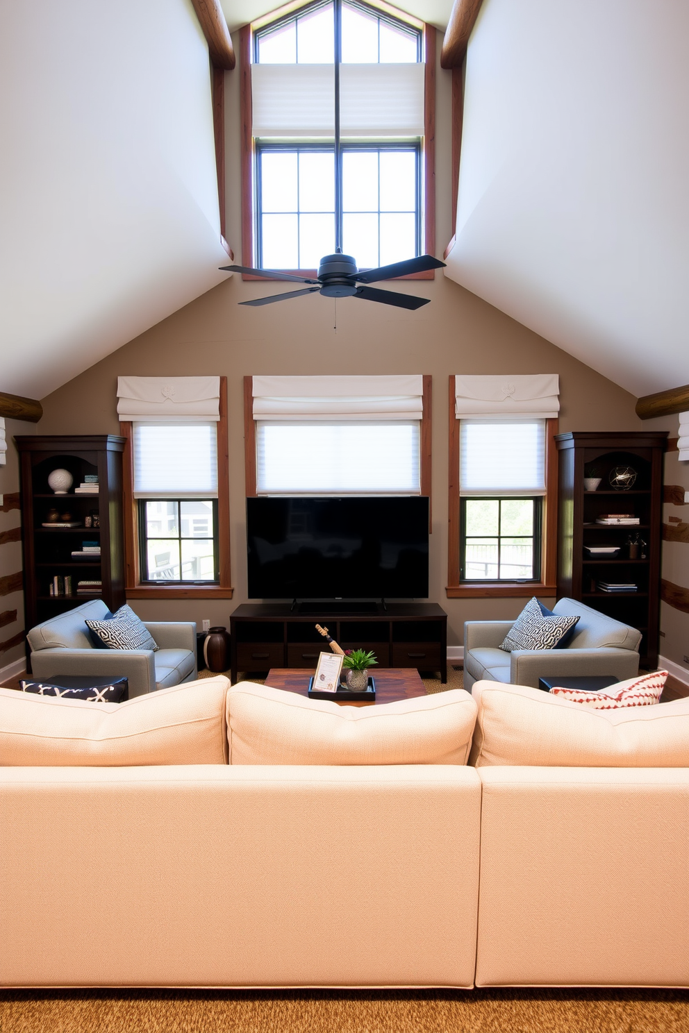 A stylish man cave featuring polished white concrete flooring that reflects the ambient lighting. The space is adorned with plush leather seating and a sleek wooden bar, creating an inviting atmosphere for relaxation and entertainment.