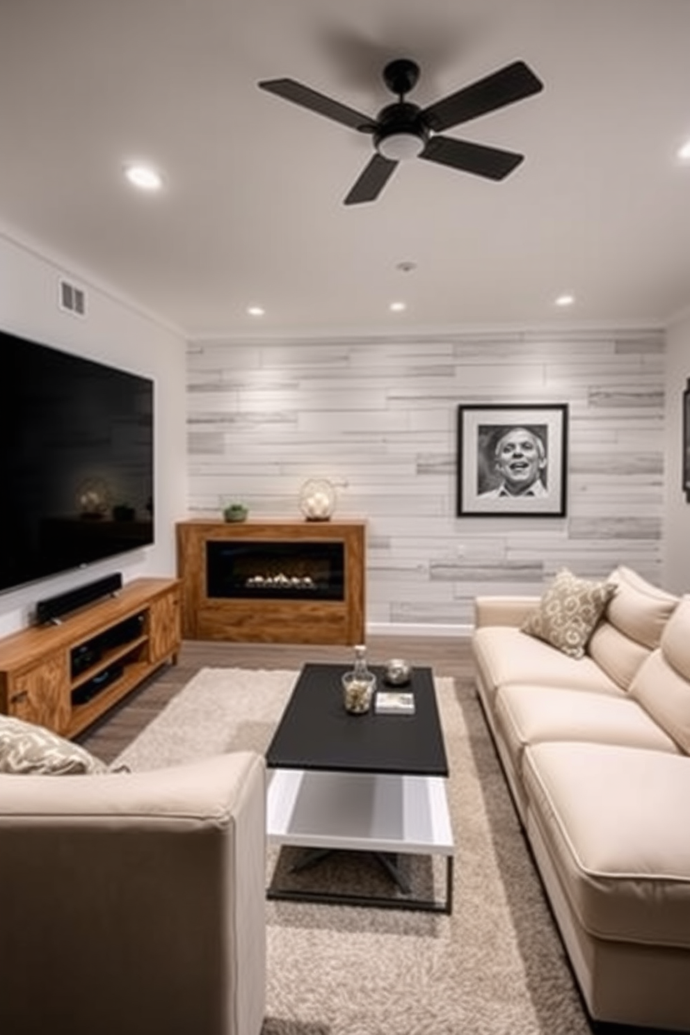 A stylish man cave featuring a white reclaimed wood accent wall that adds warmth and texture to the space. The room is furnished with a plush sectional sofa, a rustic coffee table, and ambient lighting that creates a cozy atmosphere.