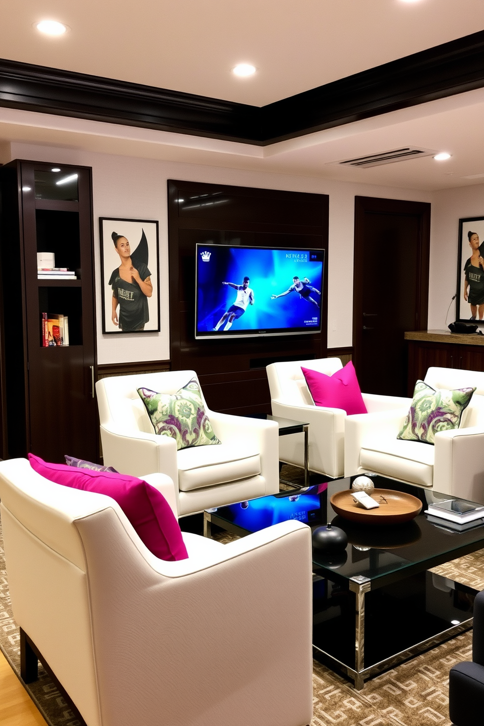 A stylish man cave featuring white accent chairs adorned with vibrant cushions. The space is designed for relaxation and entertainment, with a sleek coffee table and wall-mounted entertainment system.