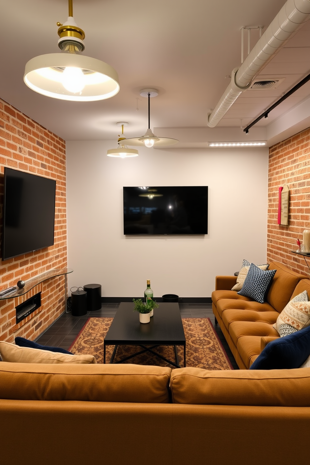 A modern man cave featuring bright white LED strip lighting that creates a vibrant and inviting atmosphere. The space includes a plush sectional sofa in dark gray, a sleek coffee table, and a large flat-screen TV mounted on the wall, perfect for entertaining guests.