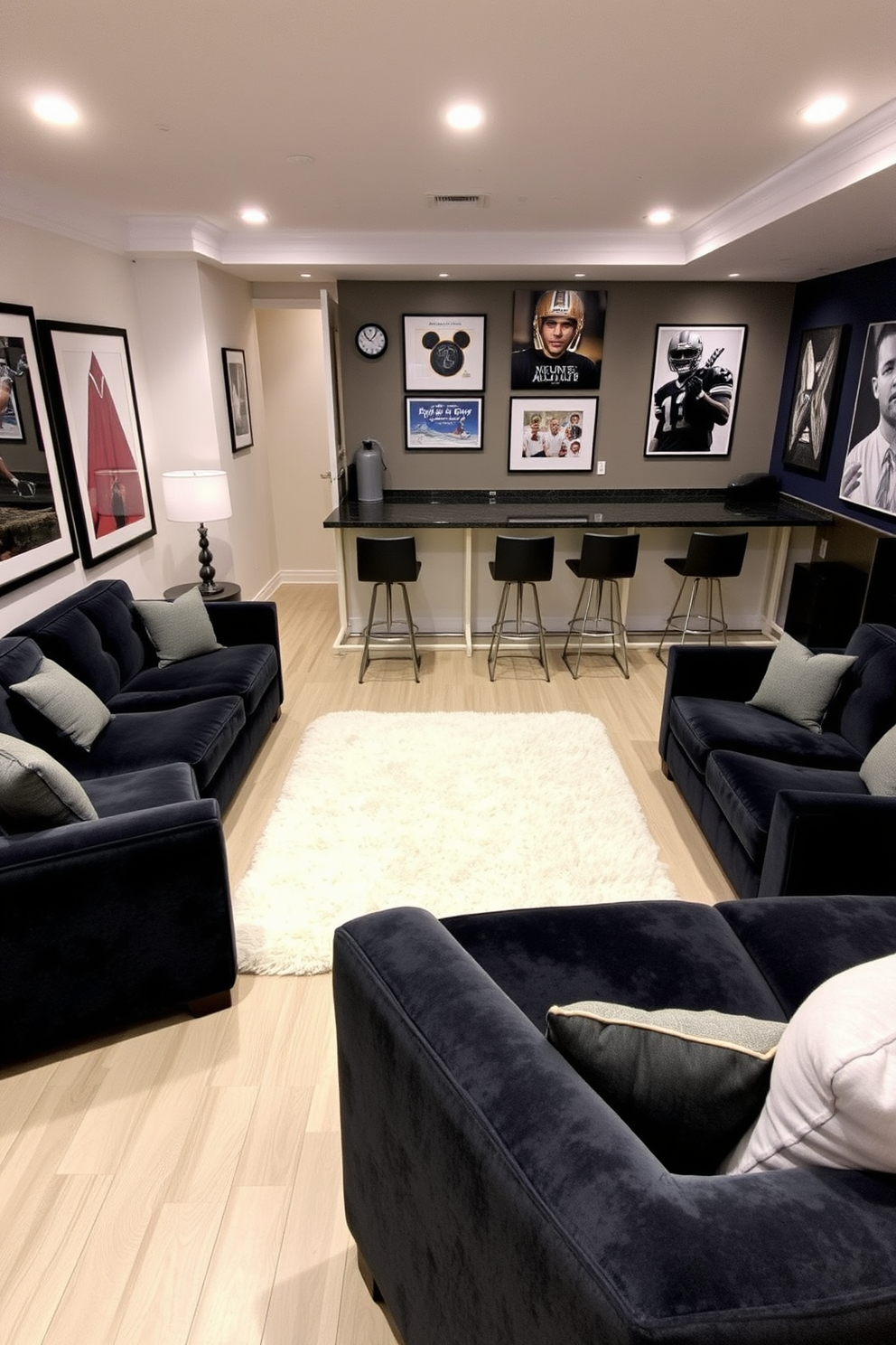 A stylish man cave featuring white framed vintage sports posters adorning the walls. The room includes a plush leather sofa and a rustic wooden coffee table, creating a cozy atmosphere perfect for entertaining friends.