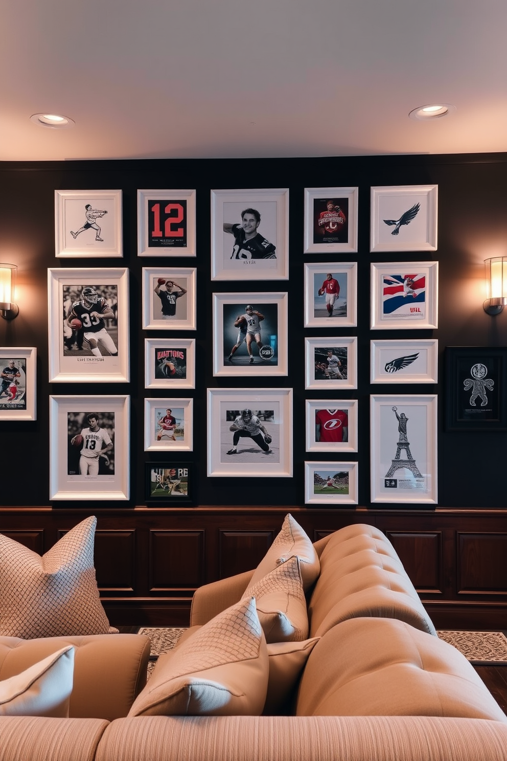 A striking gallery wall showcases an array of white framed sports memorabilia. Each piece is thoughtfully arranged to create a dynamic and visually appealing display that celebrates athletic achievements. The man cave features a blend of comfort and style with plush seating and rich wood accents. Ambient lighting enhances the cozy atmosphere, making it the perfect spot for relaxation and entertainment.