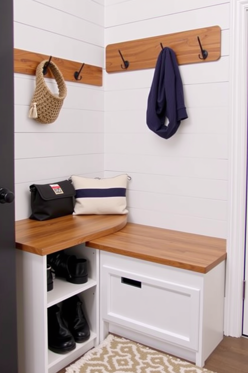 A stylish mudroom features an integrated shoe storage solution beneath a sleek wooden bench. The walls are adorned with light gray shiplap, and a patterned rug adds warmth to the space.