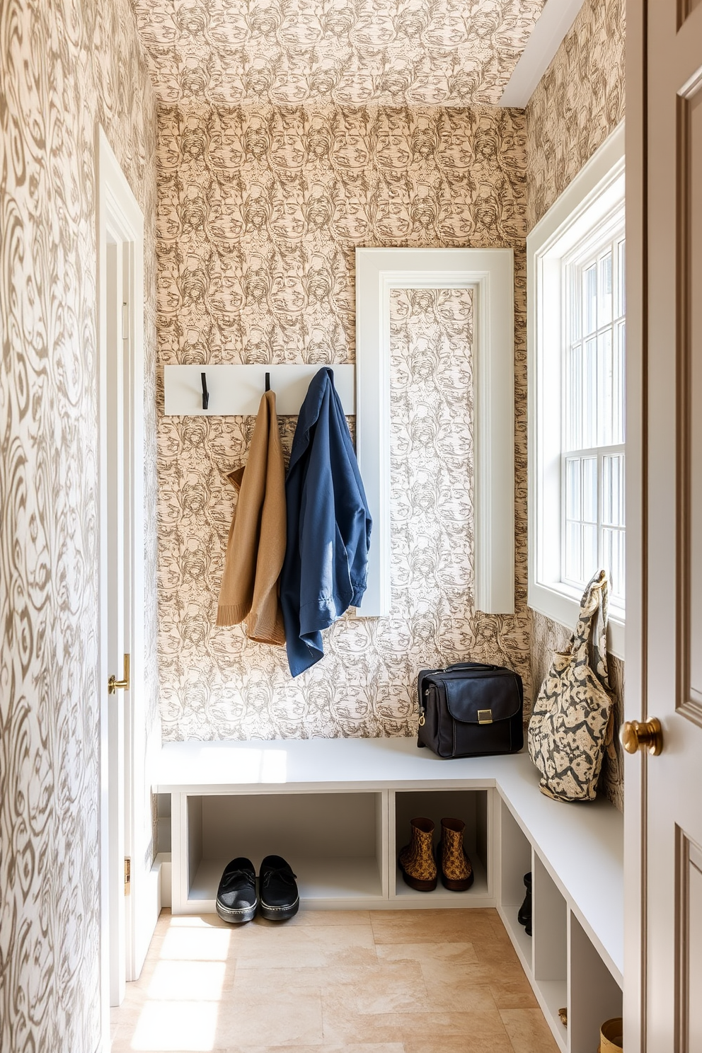 Textured wallpaper adds depth and character to a mudroom, creating a welcoming atmosphere. The design features a blend of soft colors and intricate patterns that complement the functional elements of the space. The mudroom includes built-in storage solutions with hooks for coats and cubbies for shoes. Natural light floods the area through a large window, enhancing the overall brightness and warmth of the room.