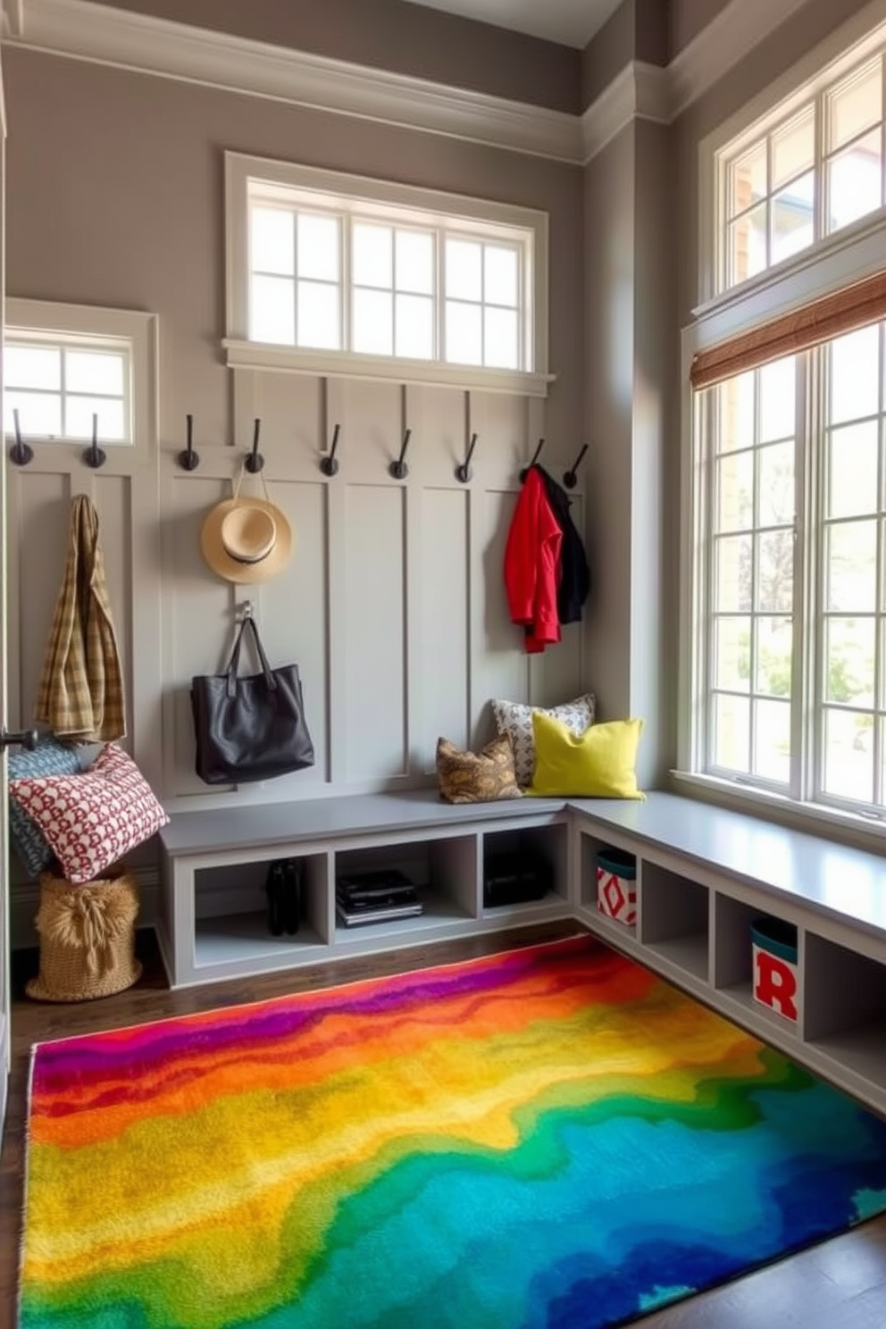 Bright area rug for a pop of color. The mudroom features built-in storage benches with hooks above for coats and bags. The walls are painted in a soft gray to create a welcoming atmosphere. Large windows allow natural light to flood the space, enhancing the vibrant colors of the rug.