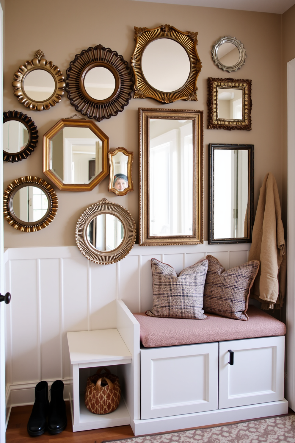 A collection of decorative mirrors is arranged on the wall to amplify the sense of space and light. Each mirror features a unique frame that adds character while reflecting the surrounding decor. The mudroom is designed with white cabinetry and built-in storage solutions for organization. A bench with plush cushions provides a comfortable spot to remove shoes, while a patterned rug adds warmth to the space.