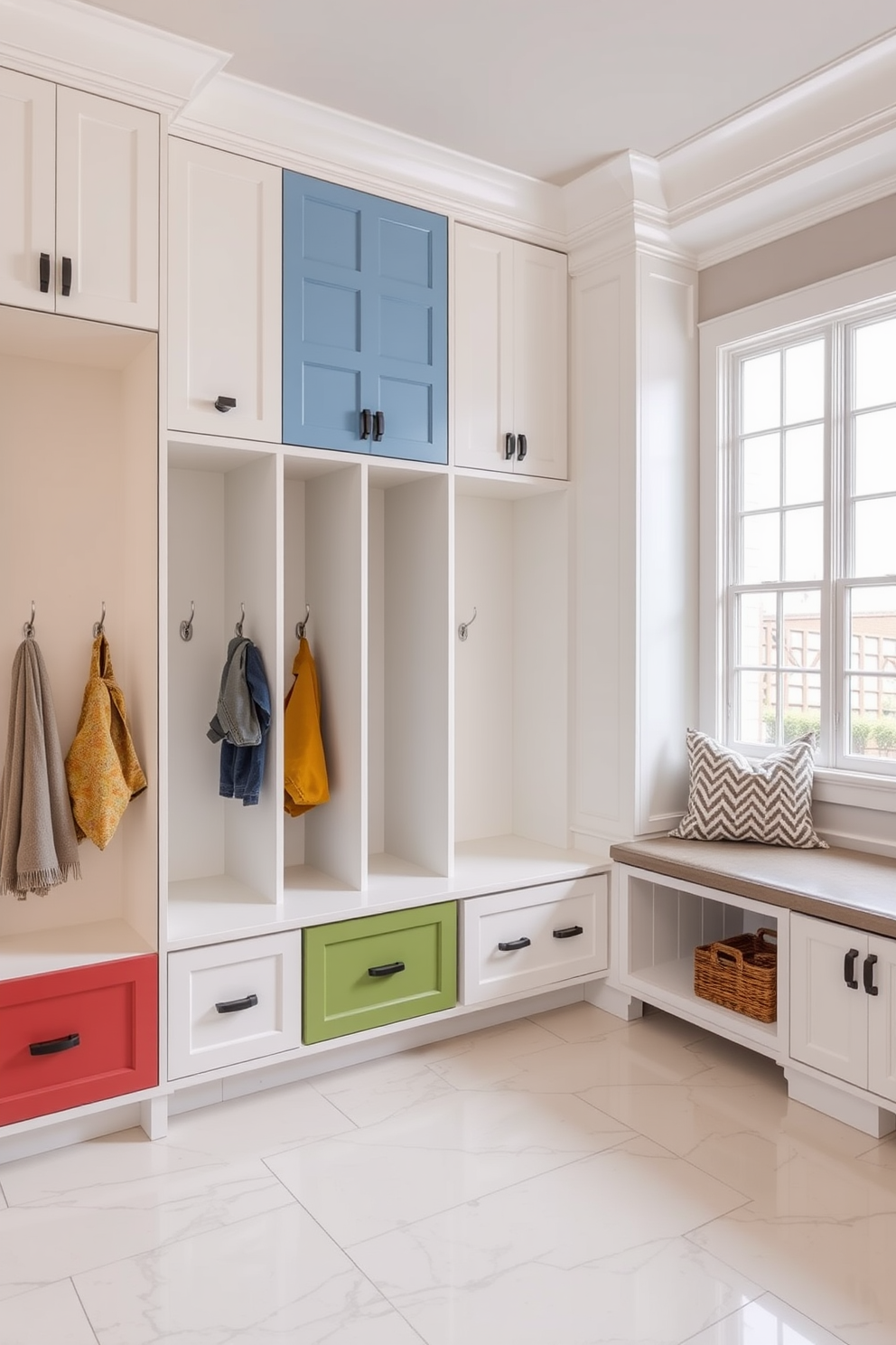 Personalized storage lockers for family are designed with a blend of functionality and style. Each locker features a unique color scheme that reflects the personality of its user, with hooks and shelves for easy organization. The white mudroom design includes sleek cabinetry and ample seating for convenience. Natural light floods the space through large windows, highlighting the elegant tile flooring and inviting atmosphere.