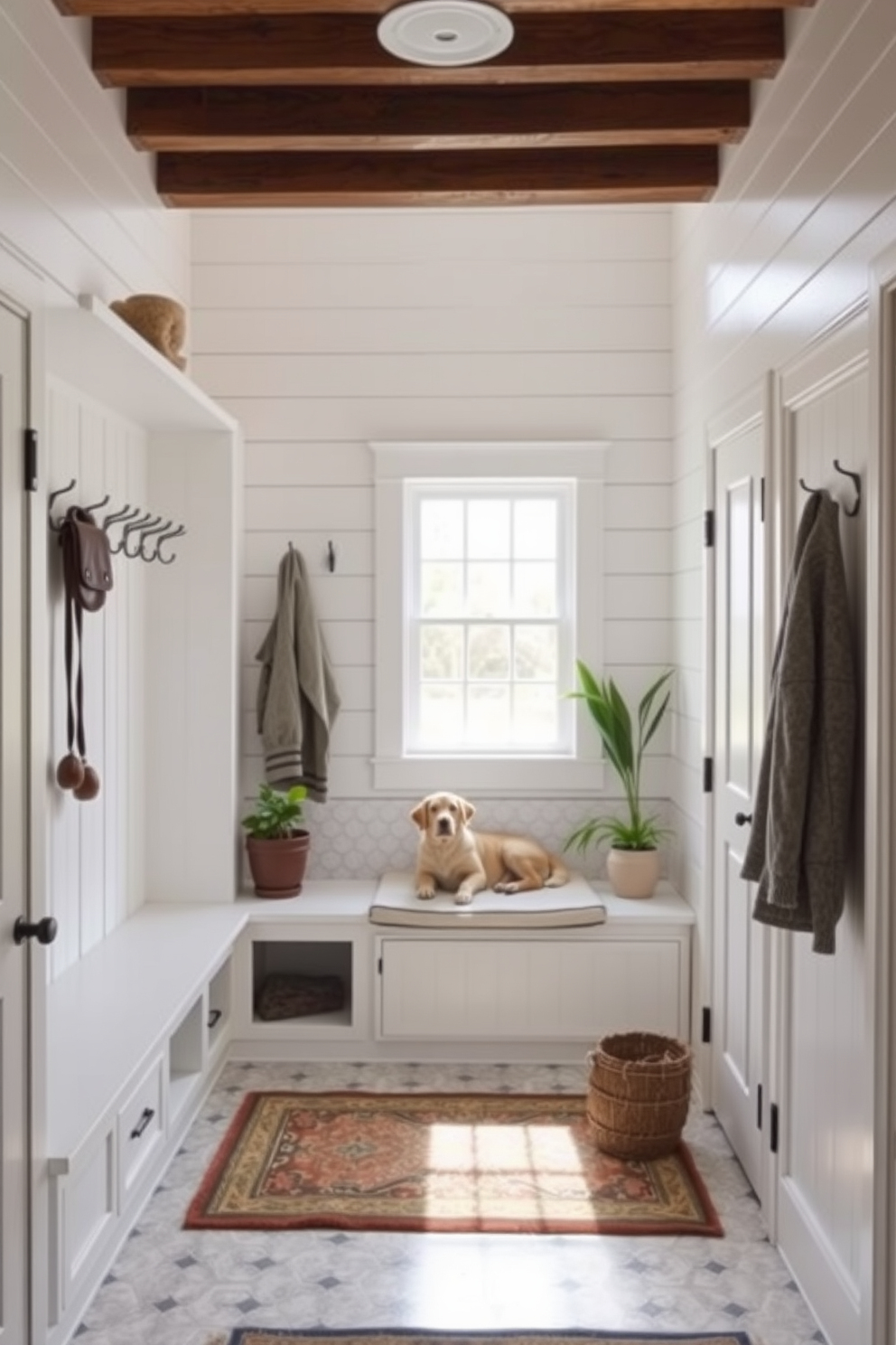 A bright and airy mudroom features built-in cubbies designed for personalized organization. The cubbies are painted in a soft white hue, complemented by natural wood accents and a durable bench for seating.