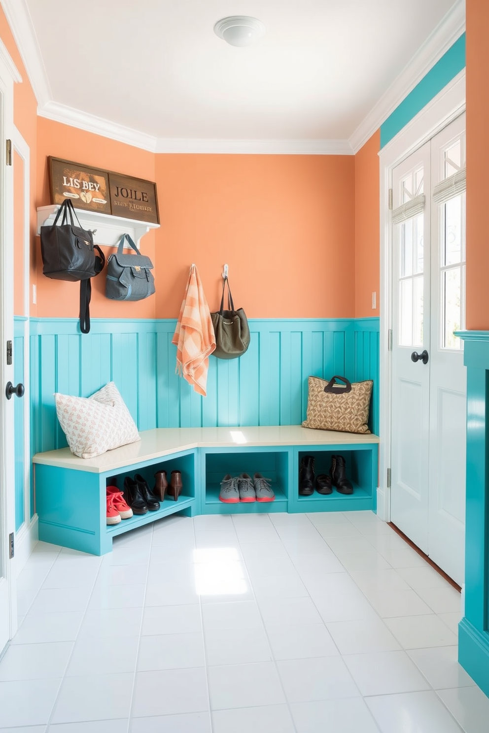 A functional mudroom features a series of glass jars arranged on a wooden shelf for storing small items like keys and accessories. The walls are painted in a soft gray, complemented by a durable tile floor that can withstand heavy foot traffic.