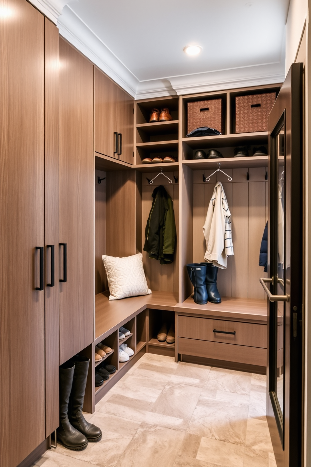 A modern mudroom featuring vertical storage solutions to maximize space. The walls are lined with sleek cabinetry that reaches the ceiling, providing ample storage for shoes and outdoor gear. A built-in bench with soft cushions offers a comfortable spot for putting on shoes. The floor is adorned with durable tiles that can withstand heavy traffic and mud.