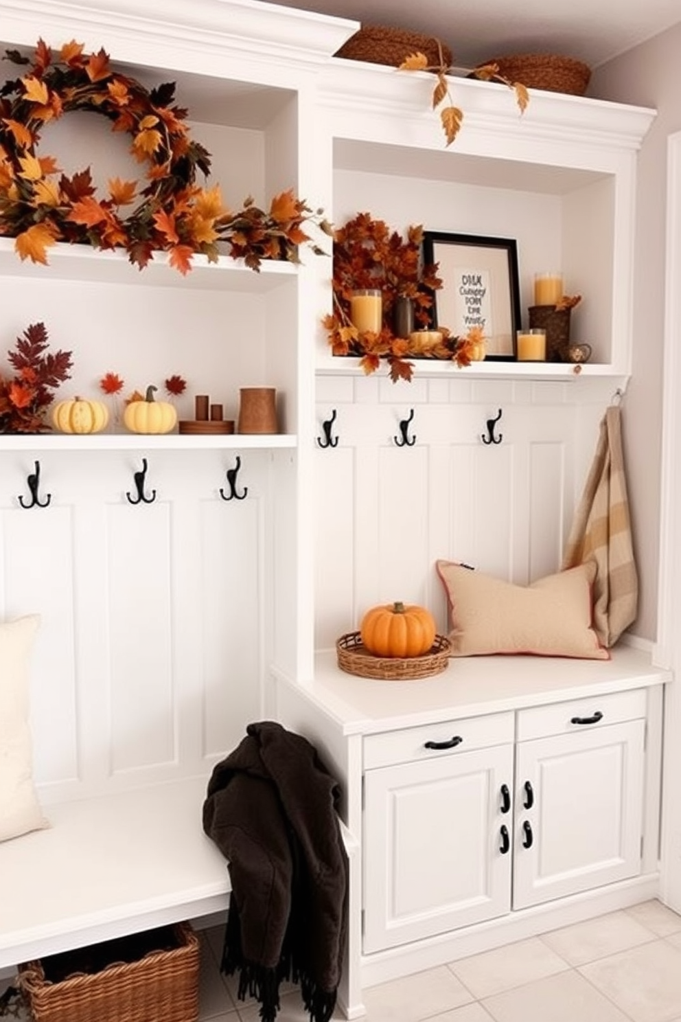 Seasonal decor display on shelves. The shelves are adorned with a mix of autumn leaves, small pumpkins, and warm-toned candles, creating a cozy atmosphere. White mudroom design ideas. The space features built-in white cabinetry with hooks for coats, a bench for seating, and a durable tile floor that complements the bright, airy feel.