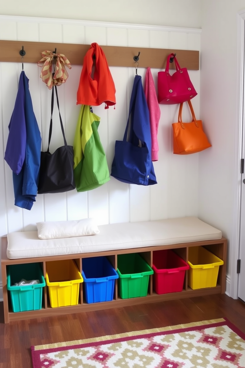 A stylish mudroom features a large chalkboard wall for notes and reminders, creating a functional yet decorative space. The room is designed with white cabinetry, providing ample storage for shoes and coats, complemented by a light gray bench for seating.