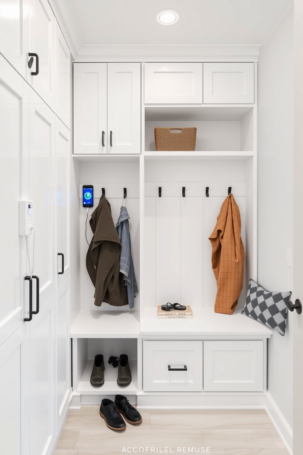 A modern mudroom featuring an integrated charging station for devices. The design includes built-in cabinetry with ample storage, a bench for seating, and hooks for hanging coats, all in a clean white finish.