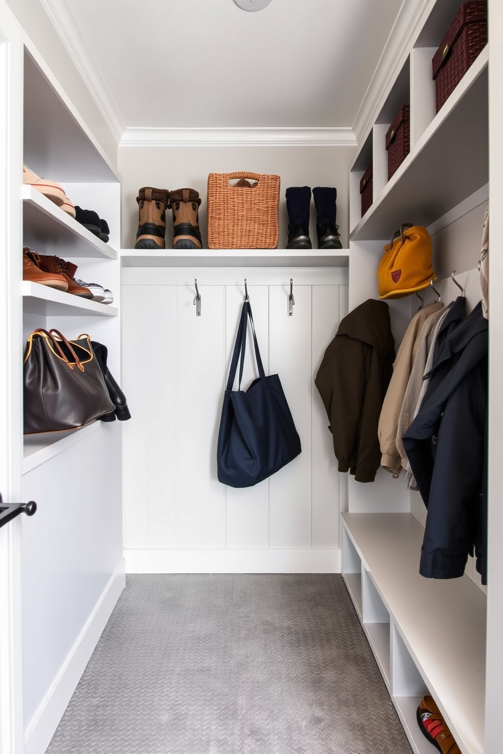 Open shelving with decorative baskets creates an inviting and organized mudroom space. The shelves are adorned with woven baskets in neutral tones, providing ample storage for shoes and outdoor gear. The walls are painted in a soft white hue, complementing the natural wood tones of the shelving. A durable, textured rug adds warmth and comfort underfoot, while hooks for coats and bags enhance functionality.