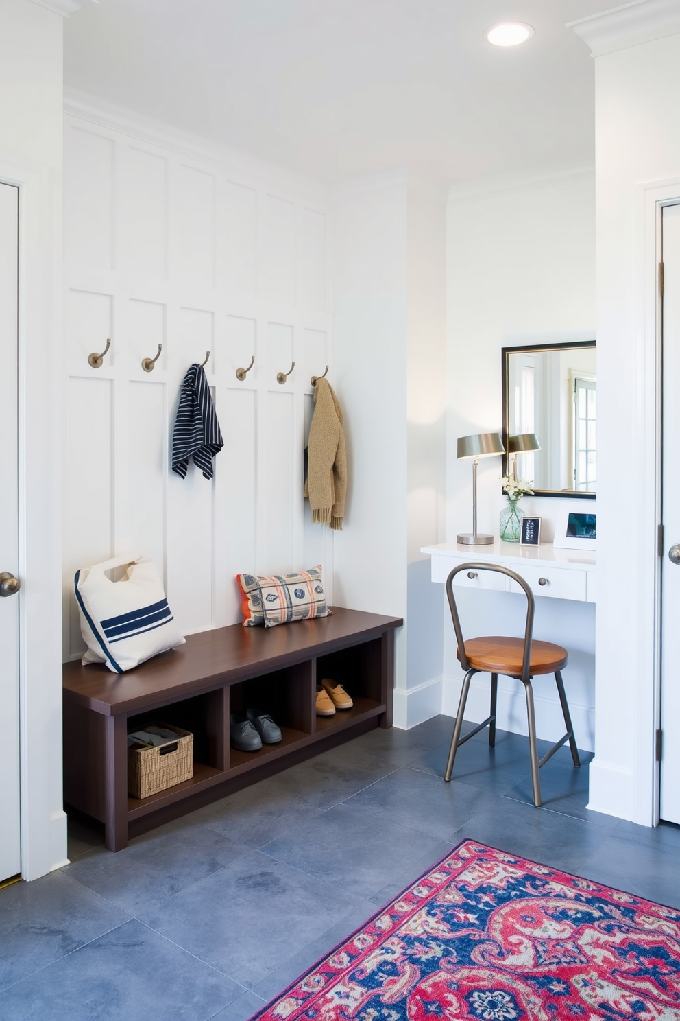 A stylish mudroom featuring customized name tags on cubbies. The cubbies are made of reclaimed wood and painted in a soft white finish, providing a warm and inviting atmosphere.