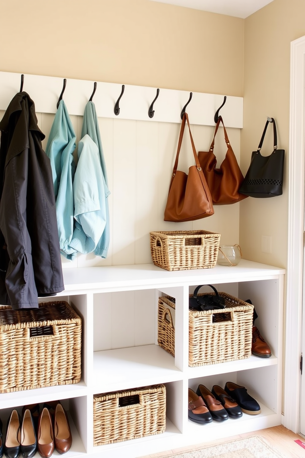 A bright area rug is placed in the center of the mudroom, adding a pop of color and warmth to the space. The walls are painted in a soft gray, complementing the natural wood bench and storage cubbies. The mudroom features a combination of hooks and shelves for organization, creating a functional yet stylish entryway. Large windows allow natural light to flood the area, enhancing the inviting atmosphere.