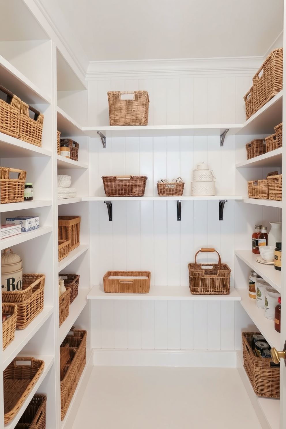 A bright and airy pantry featuring open shelving adorned with decorative baskets in various sizes and textures. The walls are painted in a soft white hue, creating a clean backdrop that highlights the organized and stylish arrangement of pantry items.