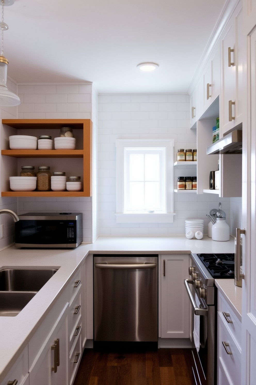 A kitchen featuring white subway tiles that create a timeless and classic aesthetic. The backsplash is complemented by sleek stainless steel appliances and wooden cabinets that add warmth to the space. A spacious pantry designed with open shelving and white cabinetry for easy access and organization. Natural light floods the room through a small window, highlighting the neat arrangement of jars and containers.