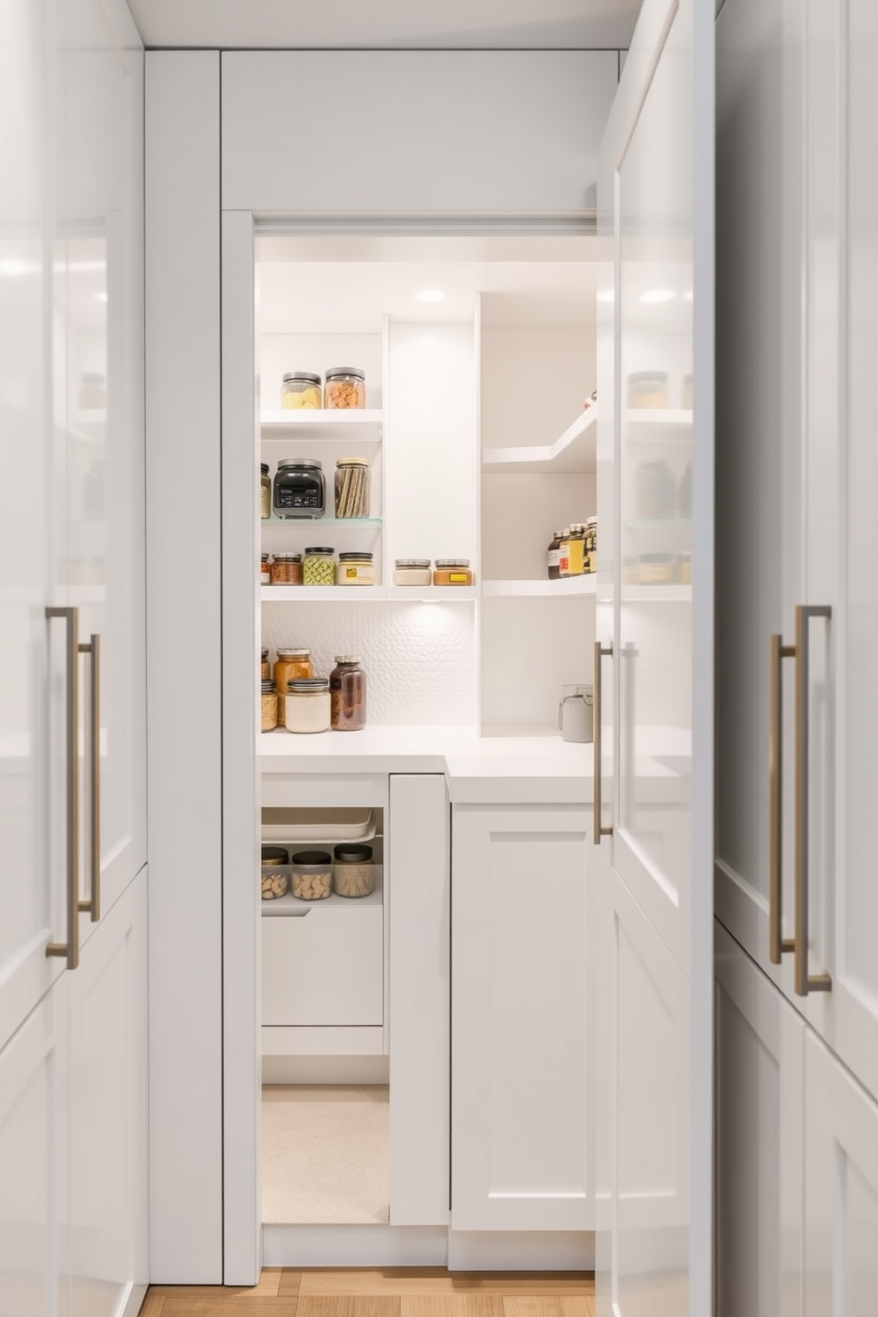 A spacious pantry island features additional countertop space ideal for meal prep and storage. The design showcases a sleek white cabinetry with organized shelving and decorative glass jars for a clean and modern aesthetic.