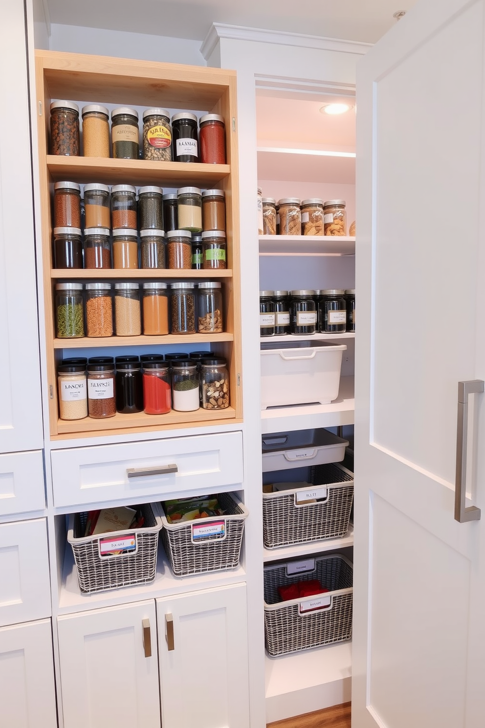 A bright and airy pantry featuring pull-out shelves for easy access. The cabinetry is painted in a crisp white, complemented by sleek silver handles and soft-close hinges. The shelves are organized with clear storage bins and labeled containers for optimal functionality. Natural light streams in through a small window, illuminating the space and enhancing the clean, modern aesthetic.