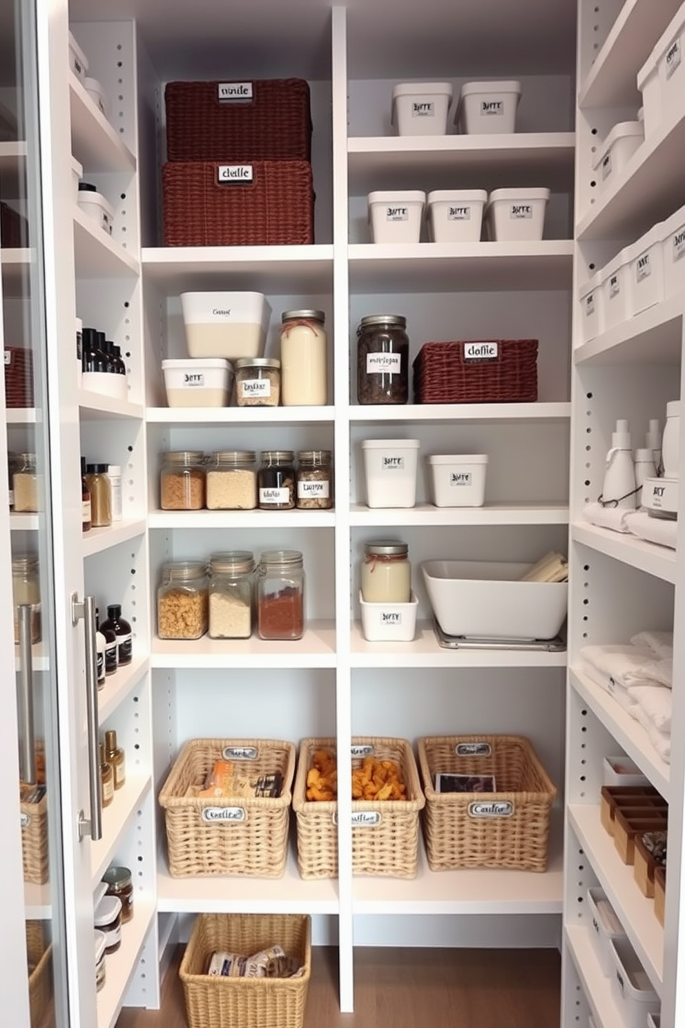 A built-in spice rack is seamlessly integrated beside the cooking area, featuring a sleek wooden design that complements the cabinetry. The rack is organized with labeled jars, creating an efficient and aesthetically pleasing display for easy access while cooking. The white pantry design showcases a modern aesthetic with open shelving and glass-front cabinets. Soft lighting illuminates the space, highlighting neatly arranged pantry items and adding a touch of elegance to the kitchen.