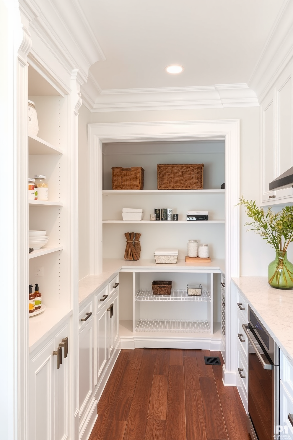 A bright and airy pantry featuring open shelving lined with decorative baskets for organization. The walls are painted in a soft white hue, and natural light streams in through a small window, illuminating the space.