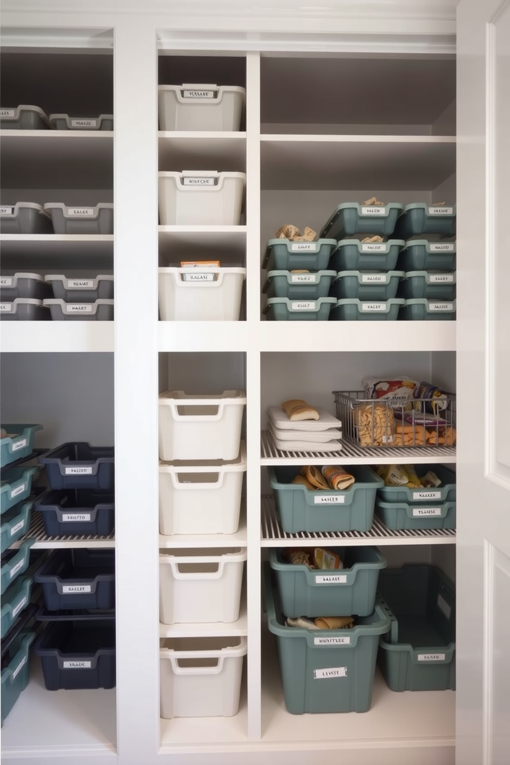 Create a modern pantry featuring stackable bins for efficient storage. The design should include open shelving filled with neatly organized bins in various sizes, all labeled for easy access.