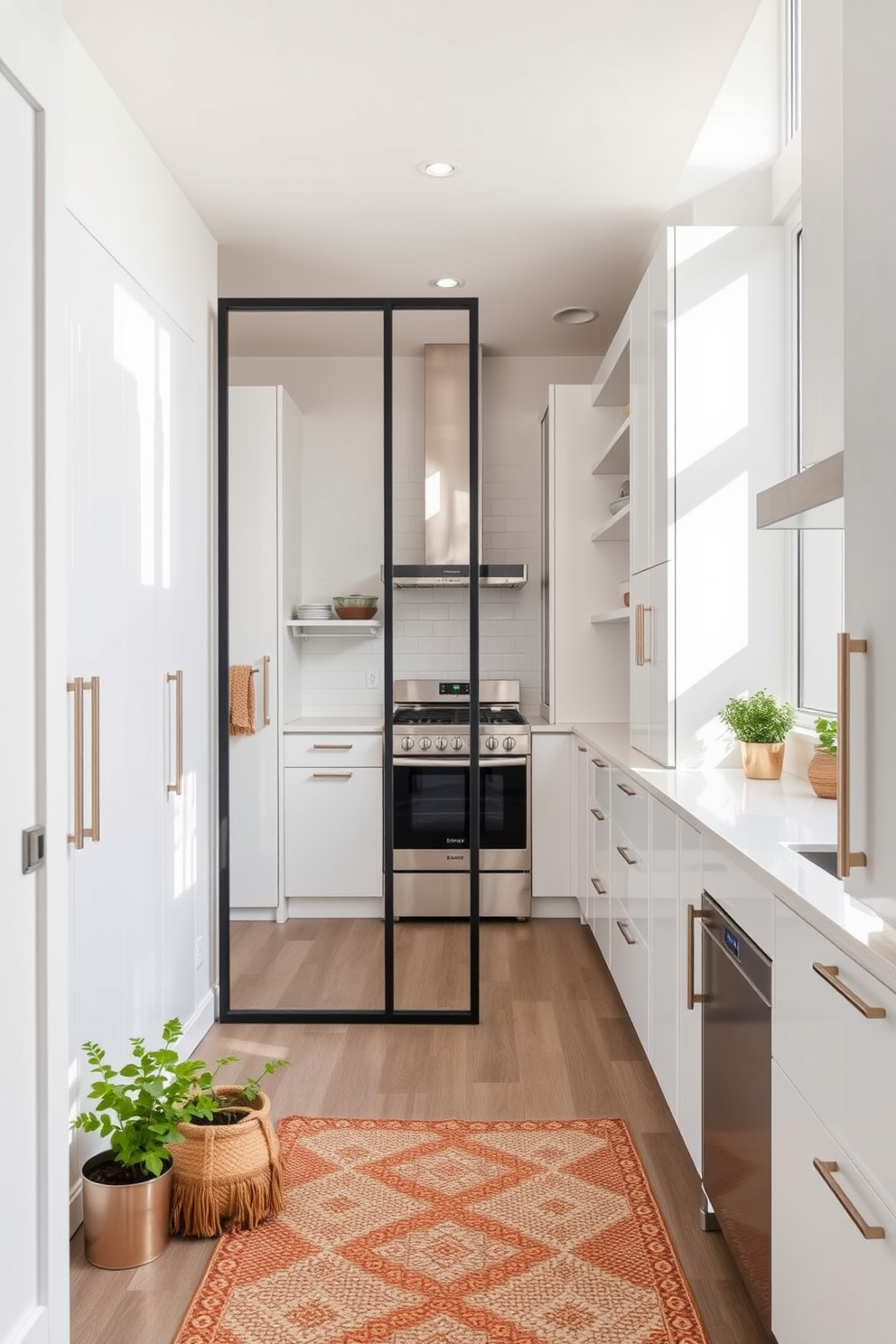 Open concept pantry featuring a stylish room divider that separates the cooking area from the pantry space. The pantry showcases white cabinetry with sleek handles and ample shelving for organized storage. Natural light floods the space through large windows, highlighting the minimalist design. Decorative elements like potted herbs and a chic rug add warmth and personality to the modern aesthetic.