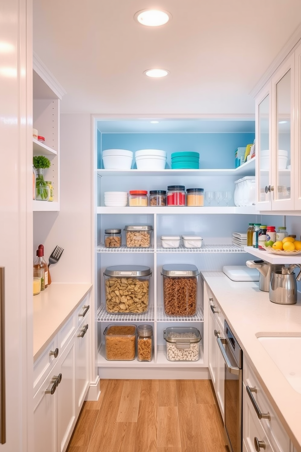 A hidden pantry seamlessly integrated behind a bookcase door creates a charming and functional space. The pantry features white cabinetry with sleek handles, maximizing storage while maintaining a clean aesthetic. Inside, shelves are lined with neatly organized jars and containers, showcasing a minimalist approach to pantry storage. Soft, ambient lighting illuminates the area, enhancing the bright white tones and creating an inviting atmosphere.