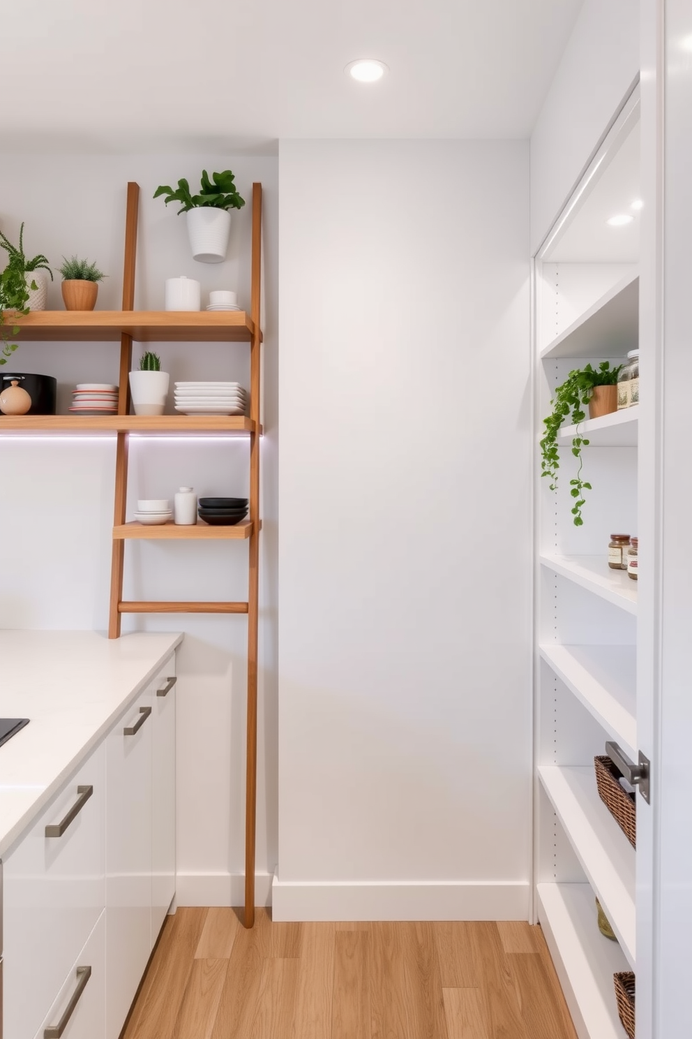 Bright wallpaper featuring a whimsical pattern of colorful fruits and flowers adorns the walls of a spacious white pantry. The shelves are neatly organized with glass jars filled with grains and snacks, creating a vibrant and cheerful atmosphere. The pantry door is a sleek white with a modern handle, complementing the lively wallpaper. Soft LED lighting illuminates the space, highlighting the playful design and making it a delightful area for food storage.