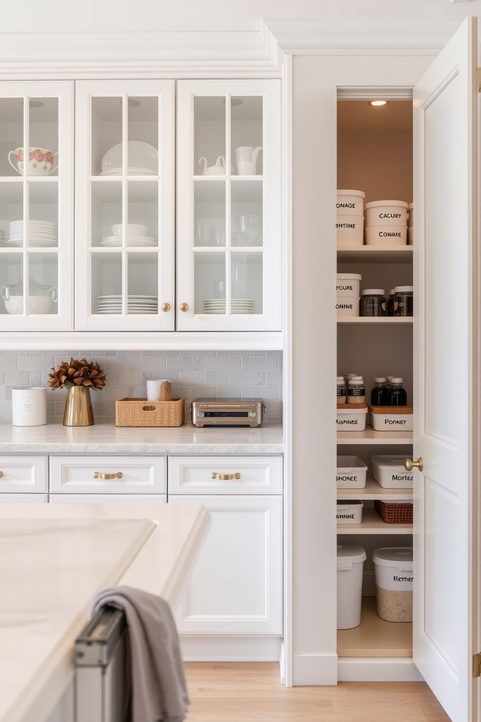 A charming farmhouse pantry design featuring rustic wood accents. The walls are adorned with shiplap, and open shelving displays neatly organized jars and baskets. A large farmhouse-style table sits in the center, surrounded by mismatched wooden chairs. Natural light floods the space through a large window, highlighting the warm tones of the wood.