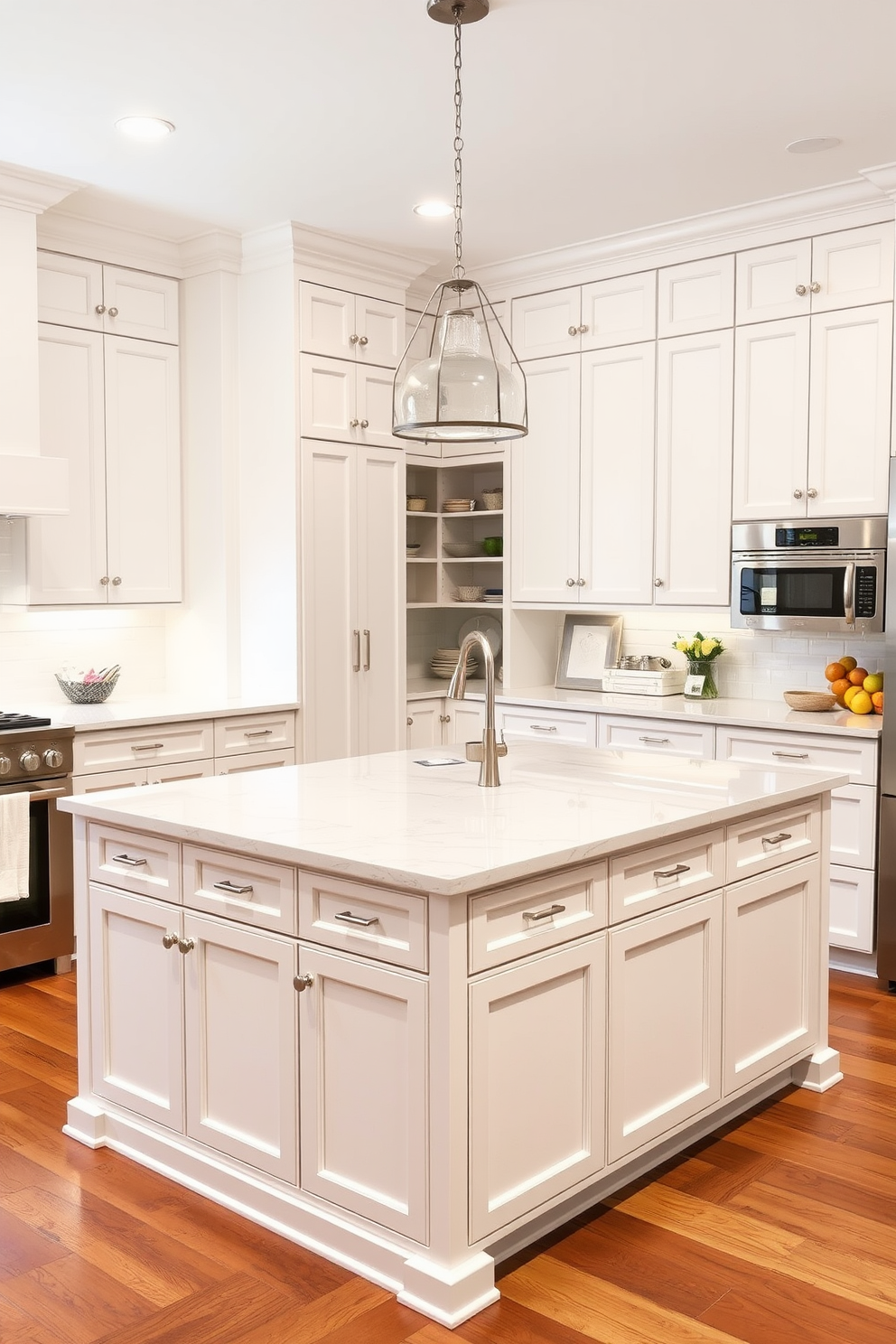 A spacious pantry island designed for additional workspace features a sleek white finish that complements the overall kitchen aesthetic. The island is equipped with ample storage cabinets and a beautiful quartz countertop, providing both functionality and style.