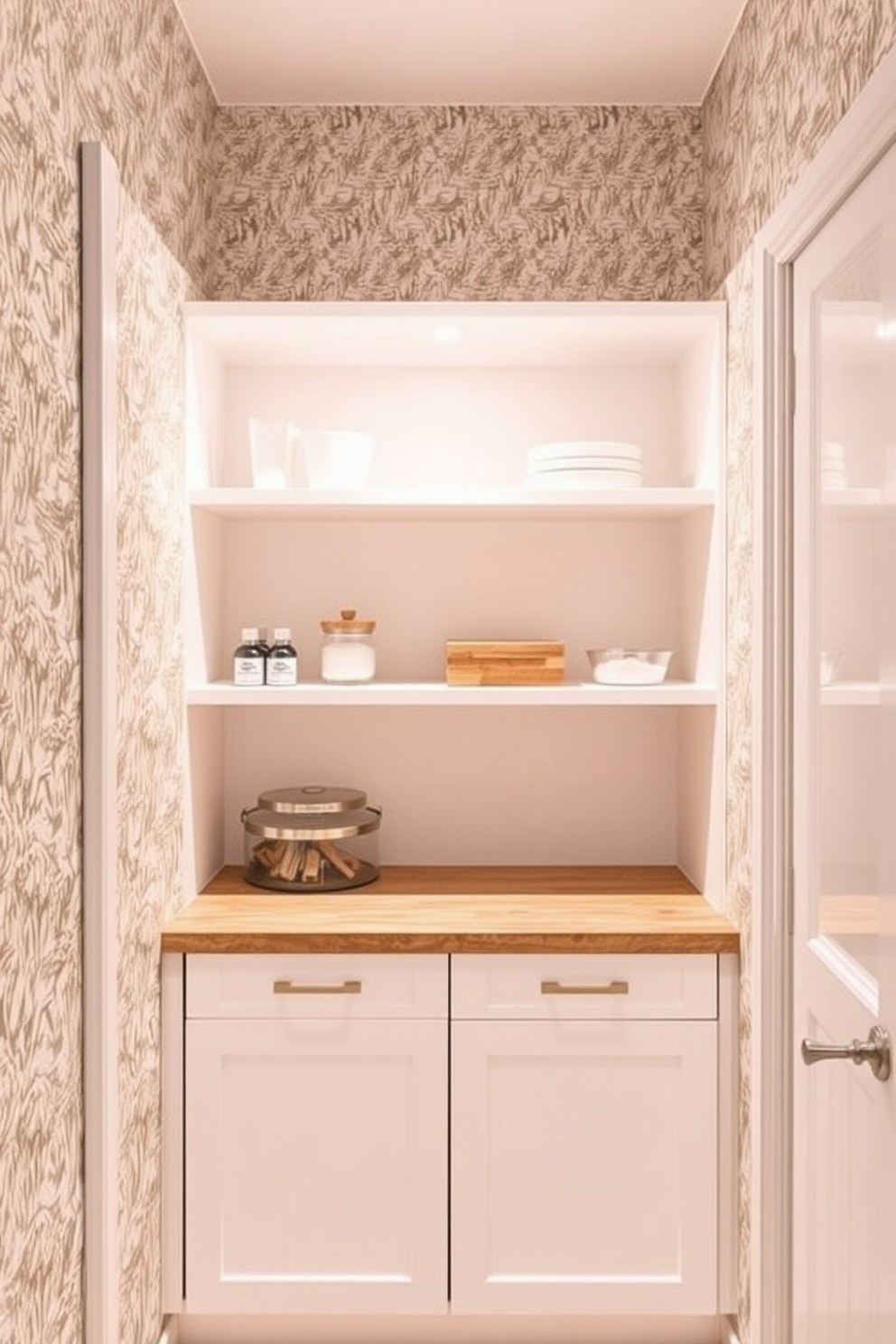 A modern white pantry featuring sleek cabinetry with integrated handles for a clean look. Open shelving displays neatly organized jars and containers, while a pull-out spice rack maximizes storage efficiency. The pantry includes a compact island with additional storage underneath, providing extra countertop space for meal prep. Soft LED lighting illuminates the area, creating a bright and inviting atmosphere.